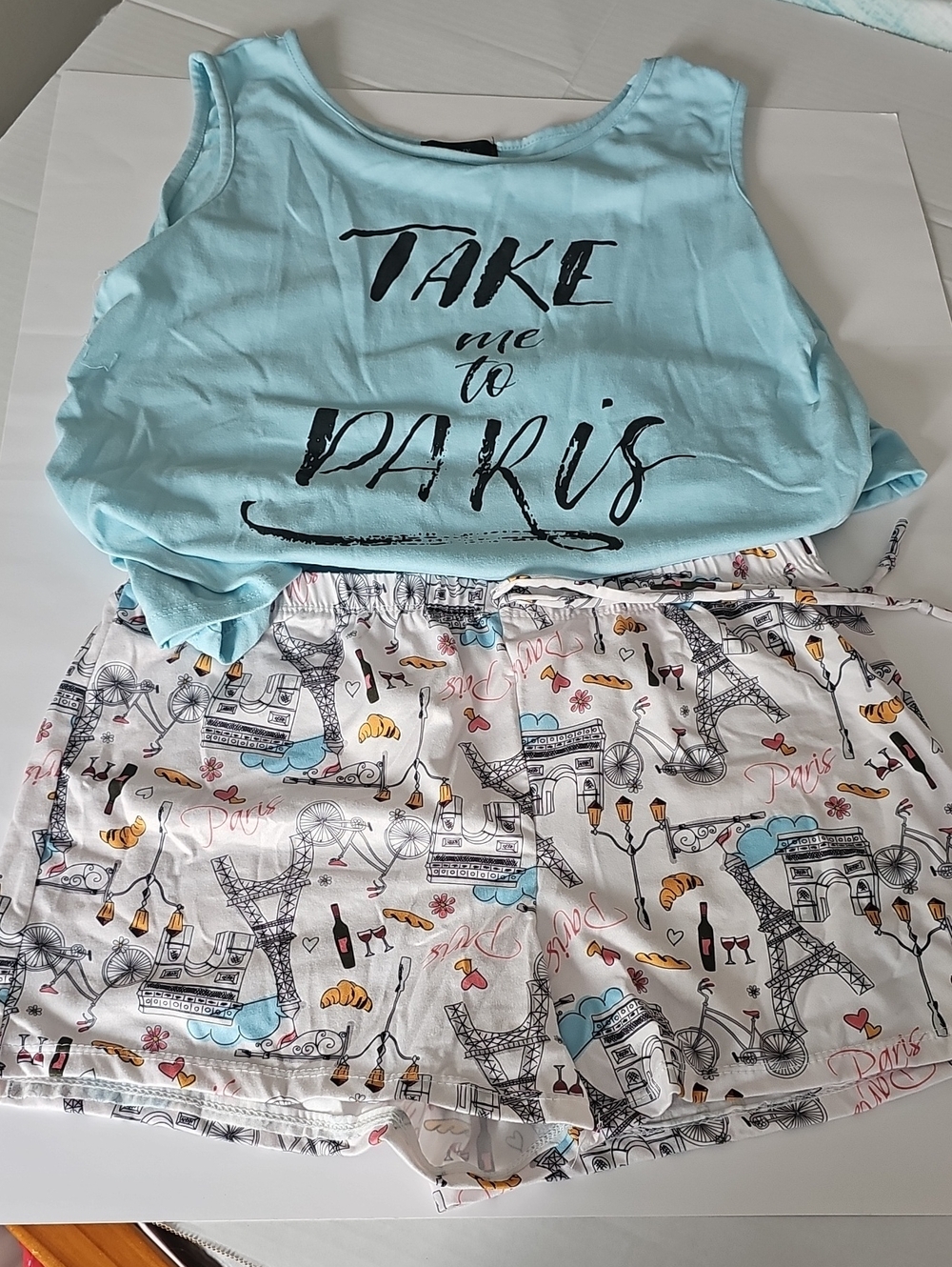 Light Blue "Take Me to Paris" Sleep Tank and Paris Print Shorts Pajama Set